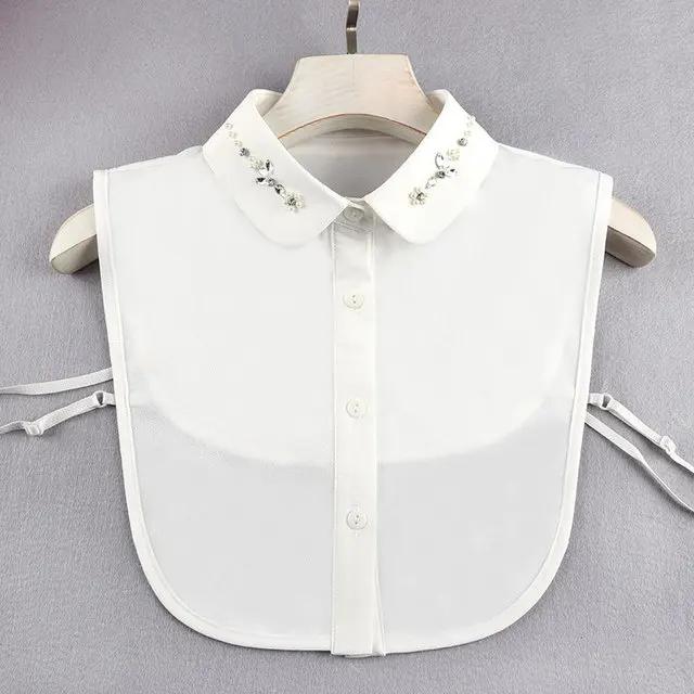 Fashion Ladies Fake Collar for Women Chiffon Fake Collar Rhinestone False Collar Lapel Detachable Button Half-Shirt Blouse Top