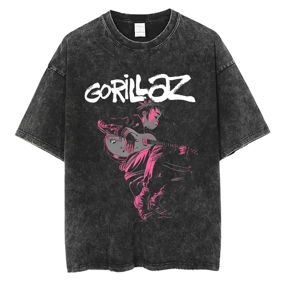Washed Vintage Rock Band Gorillaz The Now Now Album Graphic Tshirt Men Retro Gothic Punk Tshirt Male Hip Hop Oversized T Shirt S