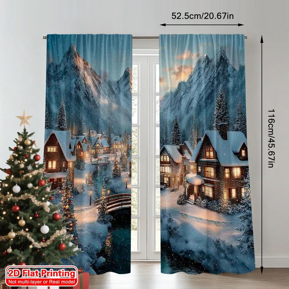 2pcs 2D flat printing Merry Christmas Scene Curtains Winter Village Versatile Polyester Without Electricity Festive Wall Decor