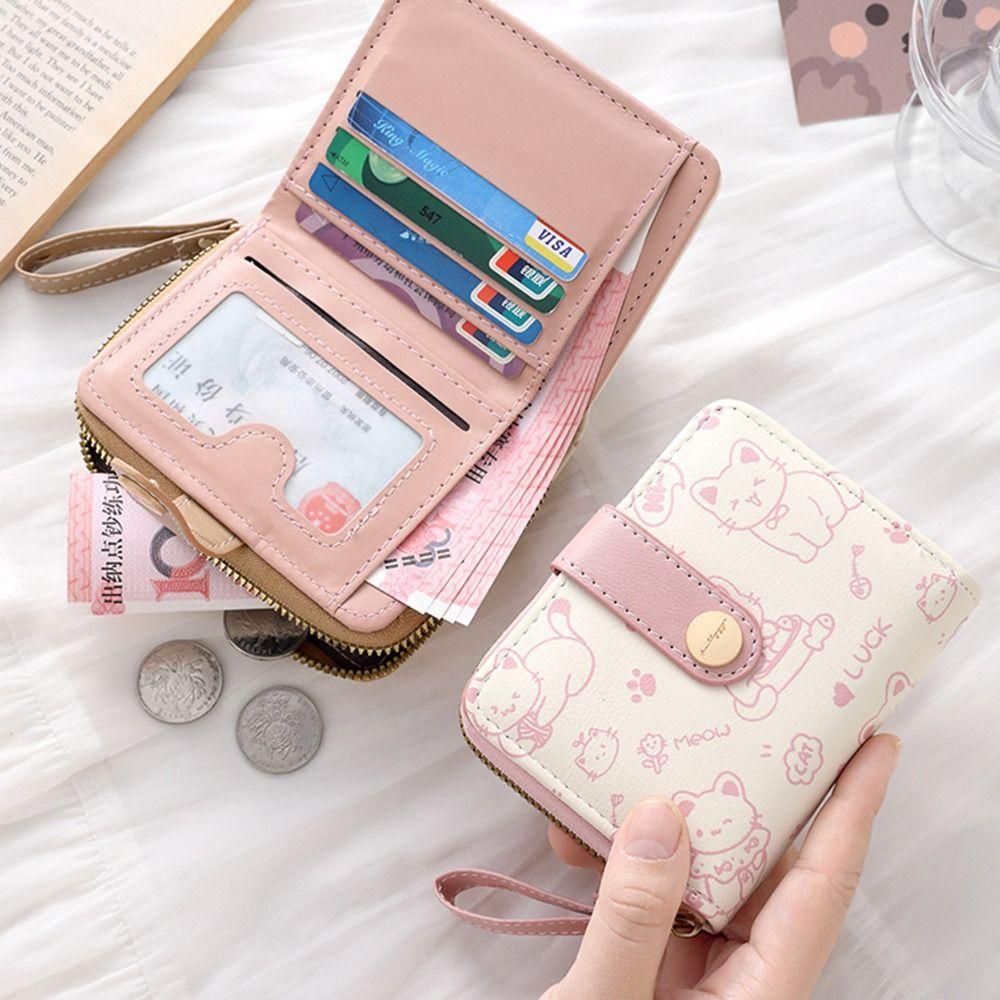 Fashion Cute Cat Short Wallet Large Capacity Lightweight ID Card Holder PU Leather Money Bag