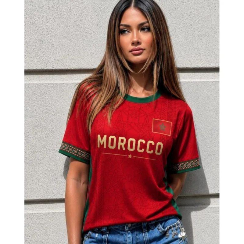 Women Kid Morocco Flag Soccer Fan T-Shirt Crewneck Short Sleeve Breathable Quick Dry Streetwear Casual Football Shirt L