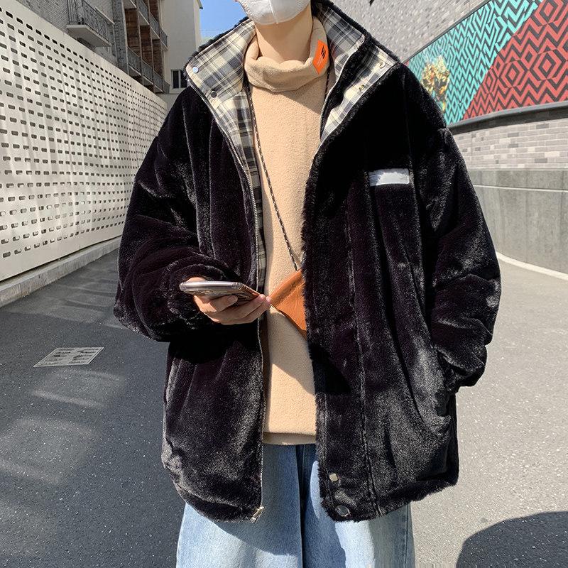 Men's Trendy Fleece-Lined Cotton Jacket - Double-Sided, Thick, and Stylish with Stand Collar & Lamb Wool - Loose Street Style Winter Coat