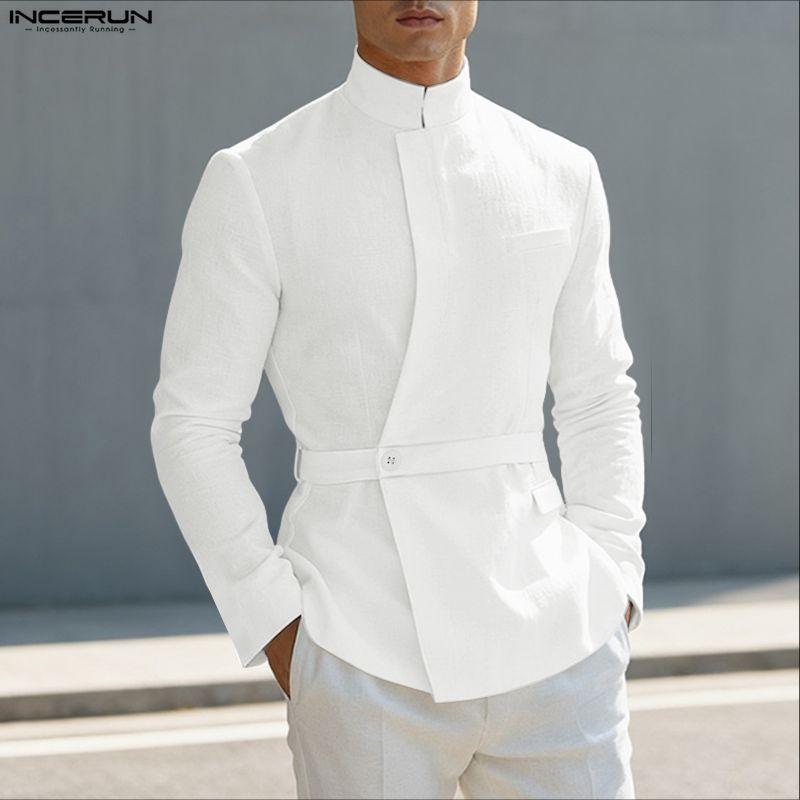 INCERUN Camicie Casual da Uomo con Collo Stretto, Manica Lunga, Bottoni Laterali