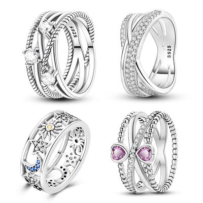 New 925 Silver Ring Pink Heart Blue Sun Star Moon Crossover Wide Rings For Women Party Birthday Jewelry Silver Gift