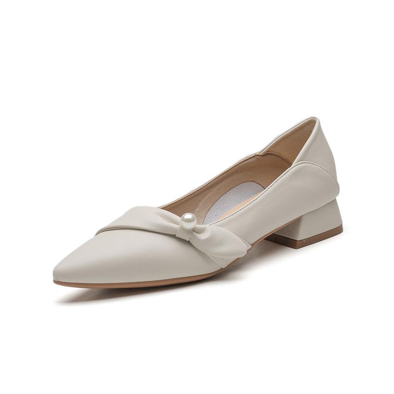 Spitze Einzel-Schuhe Damen Frühling professionell mittlerer Absatz sanfte Schuhe Damen Schleife Perle dicker Absatz
