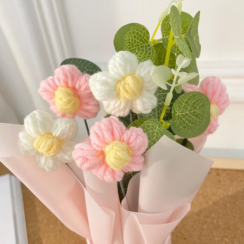 1Pcs Handmade Crocheted Bucket Bouquet Daisies Braid Mother'S Day Valentine'S Day Birthday Wedding Home Decoration