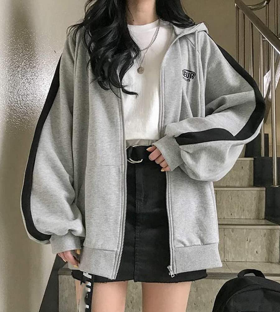 ASARANS Loose with Stylish for and Winter Women's Zip-Up Hoodie, Fleece-Lined, Warm, Zip-Up, Fit, Hood, Spring, Autumn, (Size L, Gray)