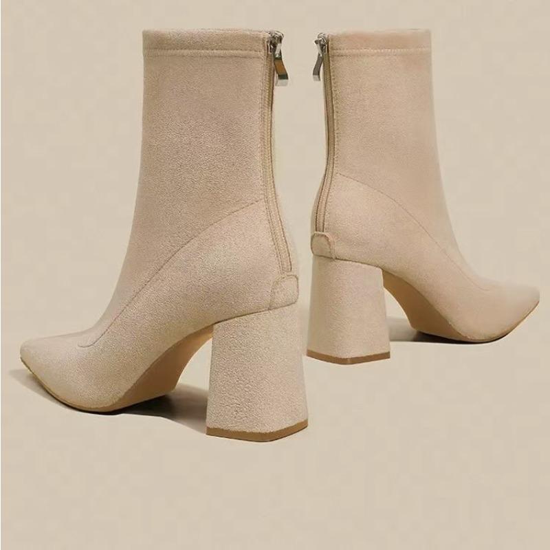 Strick-Stretch-Socken und Stiefel für Damen, niedrige Absätze, kurze Stiefeletten mit spitzer Zehenpartie, Größe 42