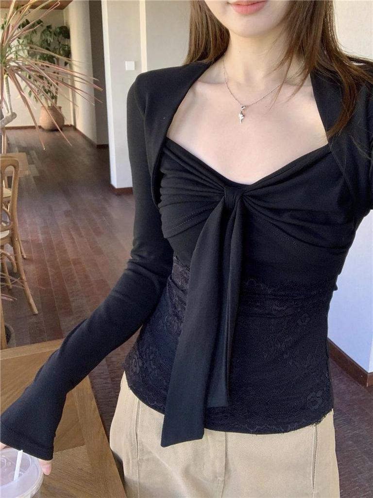 Pure Desire Spicy Lace Patchwork Long Sleeve T-shirt - Women's Autumn/Winter Niche Design Exquisite Top