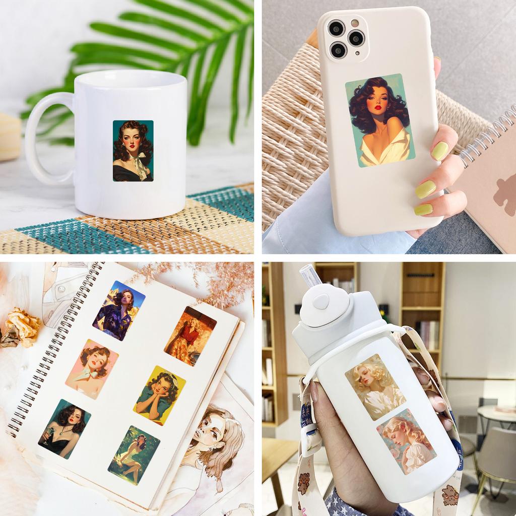 Sada 50 ks retro samolepek s pin-up dívkami, vintage americké sexy lady graffiti nálepky na dekoraci