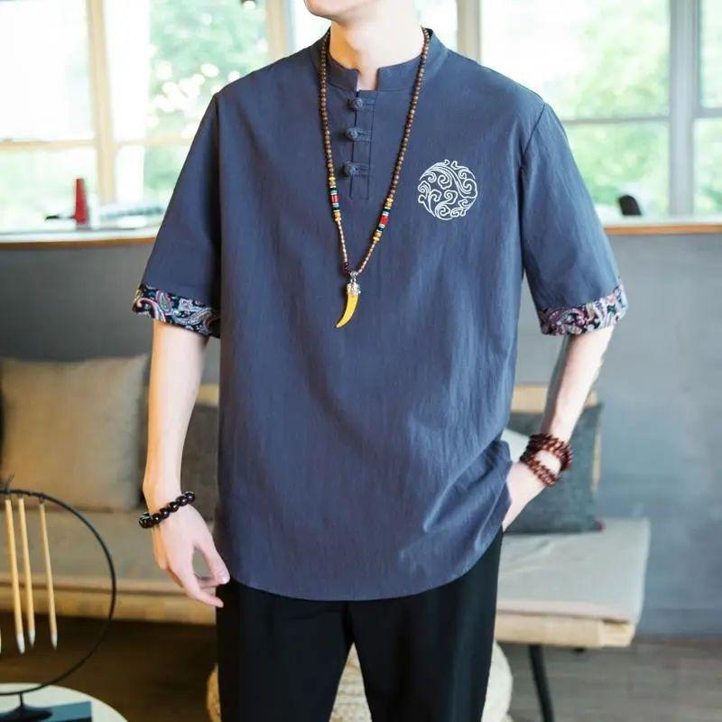 Camiseta de Linho Estilo Chinês com Botão de Disco Masculina Verão Manga Curta Camisa Tang Solta Tamanho Grande Camiseta Kimono Japonês Masculino Novo