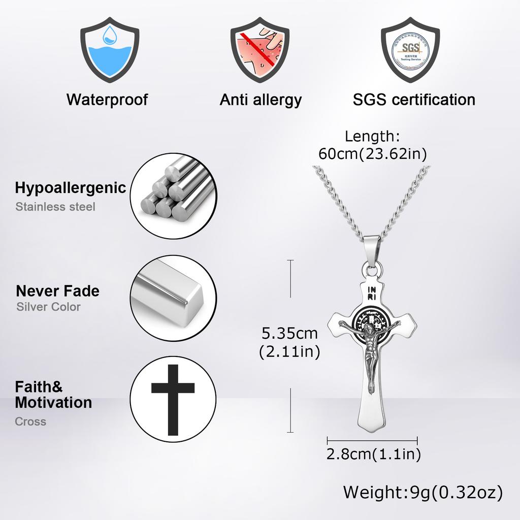 Vnox Stainless Steel Saint Benedict Cross Necklace, 28*53.5mm Jesus Crucifix Pendant Link Chain, Catholic Religious Gift for Men