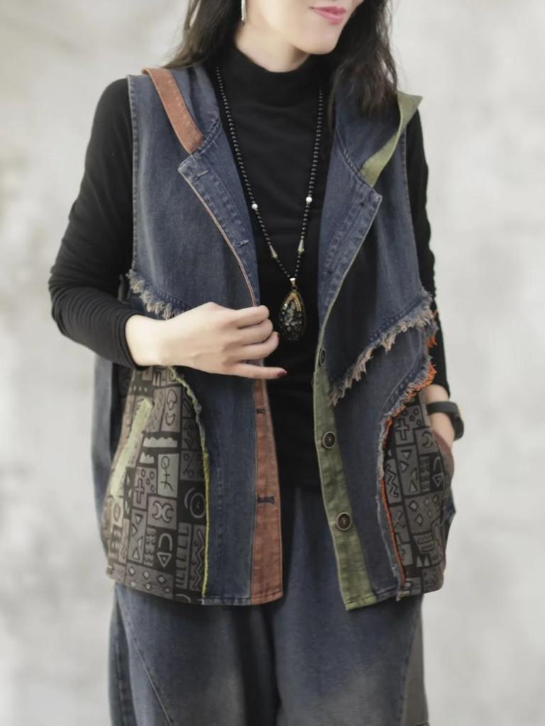 Women's Hooded Denim Vests Splicing Loose Literary Retro Zipper Double Pockets Jacket Plus Size