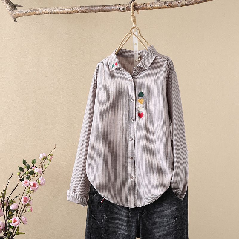 Striped Shirts and Blouses for Women Tops Heart Shape Embroider Stripes Long Sleeve Shirt Basic Shirts