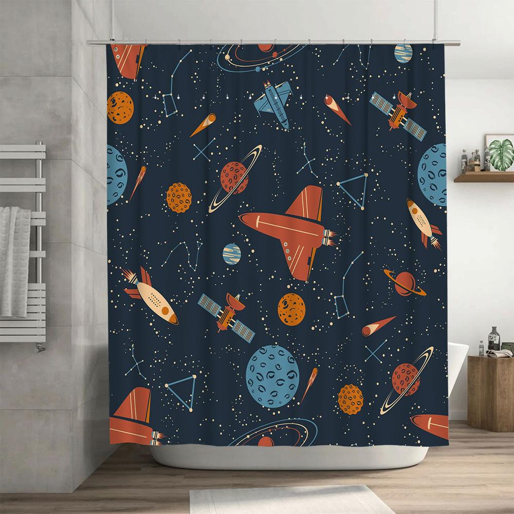 Space Adventure Shower Curtain Outer Space Decor for Bathroom Unique Astronaut and Rocket Design 180 x 240cm Waterproof Fabric S