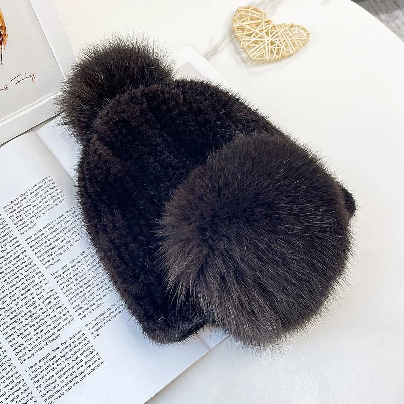 Double-sided Mink Hair Elastic Ear Protection Hat Female Winter Cute Sweet Warm Ear Protection Whole Fur Fox Fur Hat