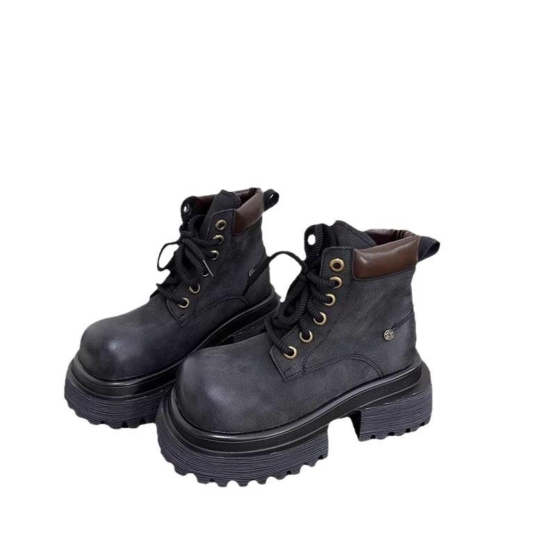 Retro Polished Leather Lace-up Platform Locomotive Martin Boots Women's British Style Big Head Thick Heel Heightening Short Boots Big Yellow Boots
