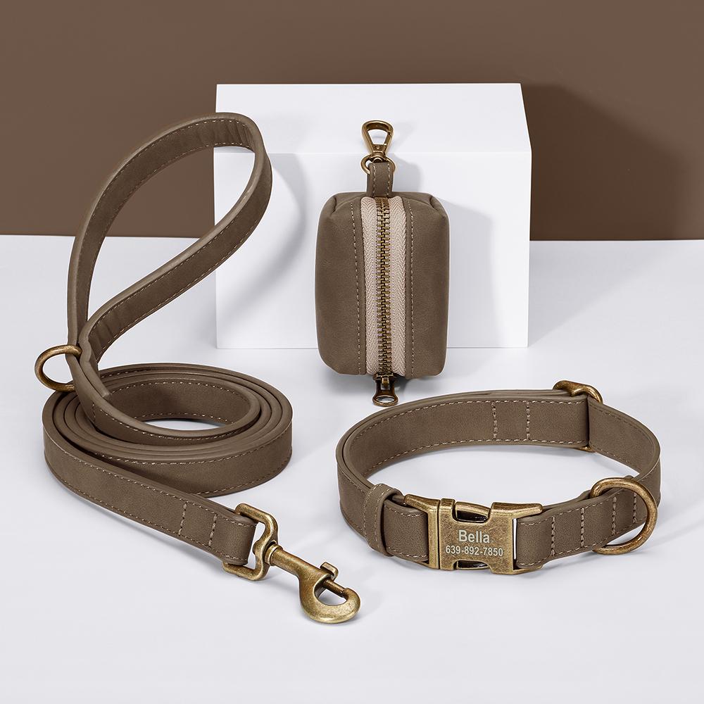 

Custom Dog Collar Leash Bag Set Personalized PU Leather Dog Collars Vintage Pet Buckle Necklace With Lead Poop Bag for Dogs Pug XS（old） коричневий
