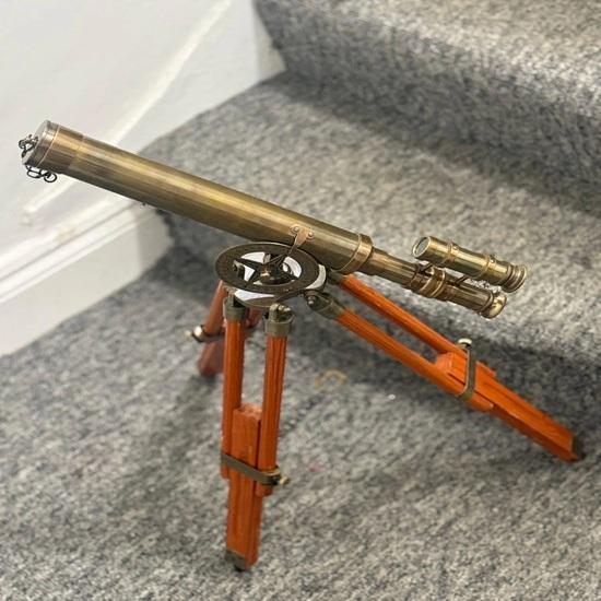 Solid Brass Double Barrel Telescope With Wooden Tripod Nautical Spyglass Scope Home Decor