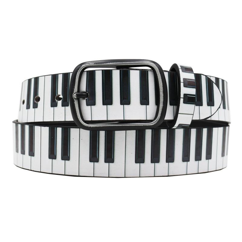 Black and white piano print leather belt - edgy hip-hop street style for men and women 105cm
