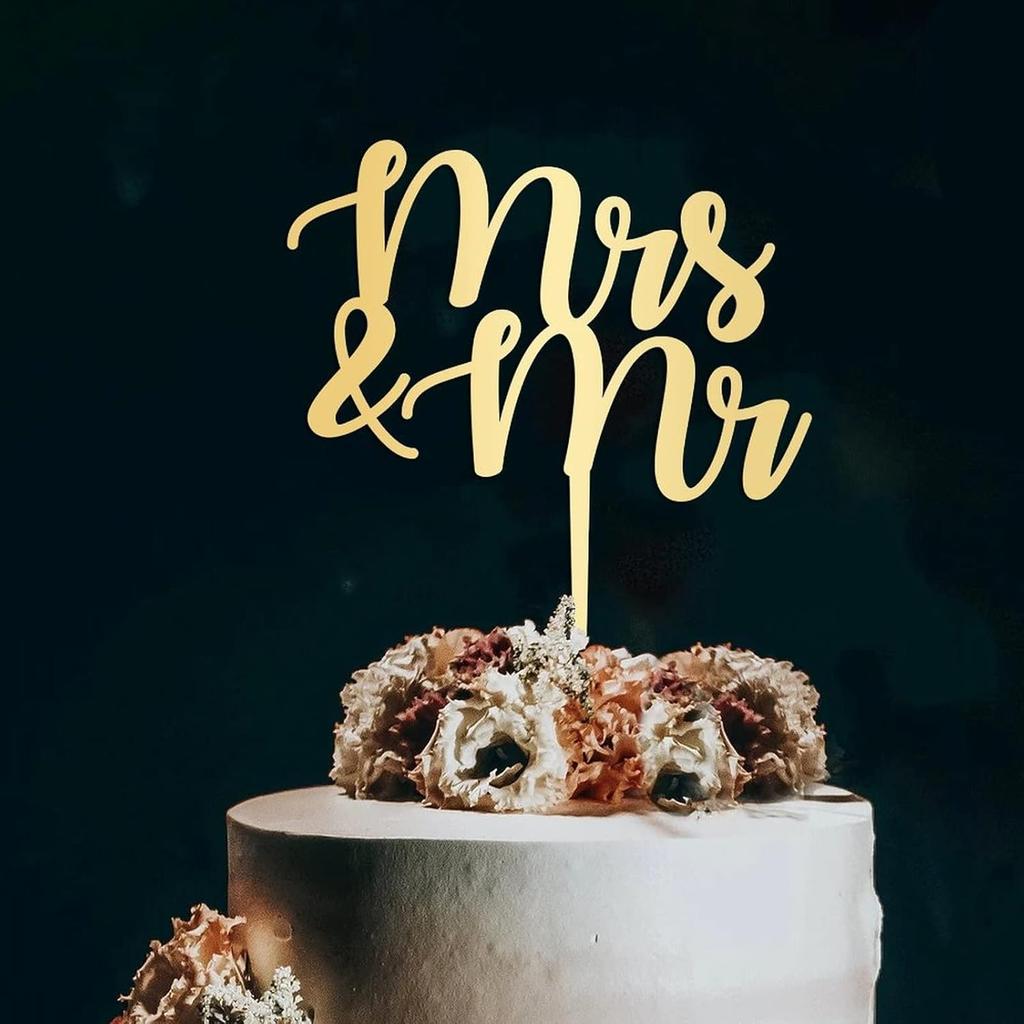 Mrs & Mr Birthday Cake Topper Monogram Acrylic Cupcake Topper Picks Wedding Birthday Cake Bunting Decor Personalized Mirror Gold Cake Accessories for