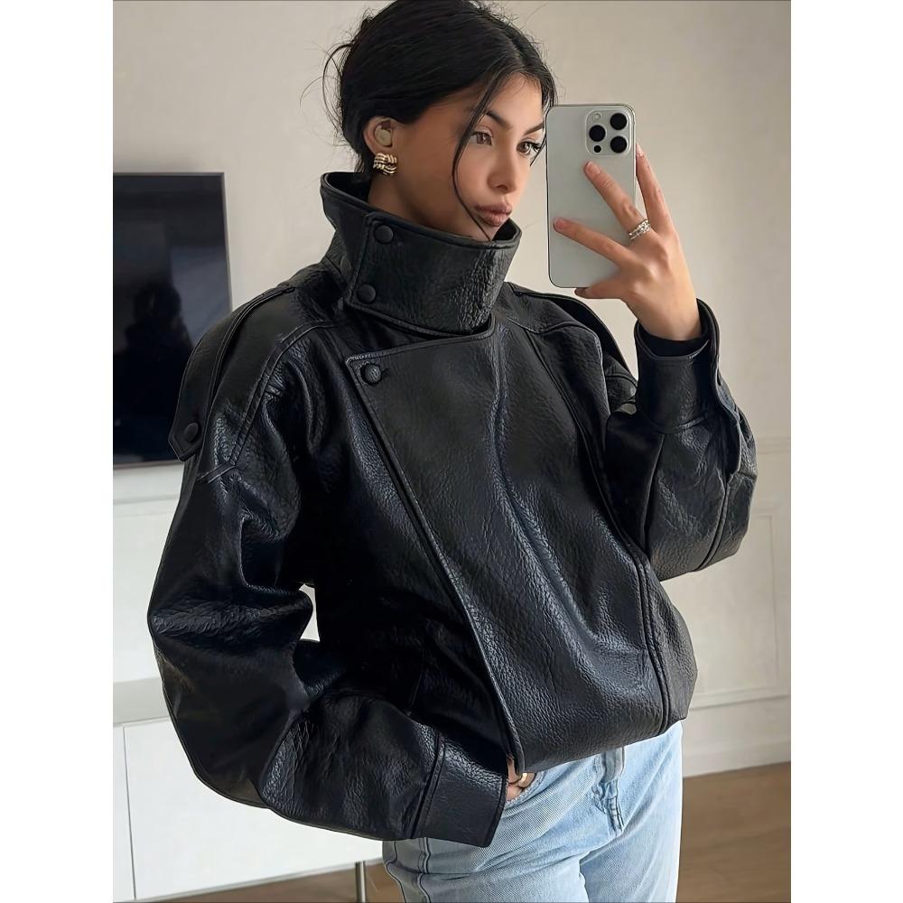 **Women's Faux Leather Jacket Cropped Loose Biker Style PU Leather Coat Spring Autumn Motorcycle Jacket**