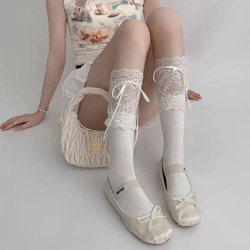 Female Spring and Summer Ribbon Bow Lace Lace Ballet Wind Drum Pile Socks