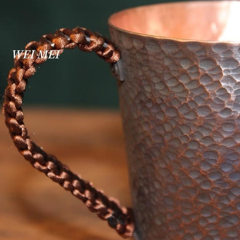 Vintage Copper Breakfast Coffee Mug,Multiple Sizes Handcrafted Hammer Texture Camping Water Mule Tea Cup,Woven Handle Tableware