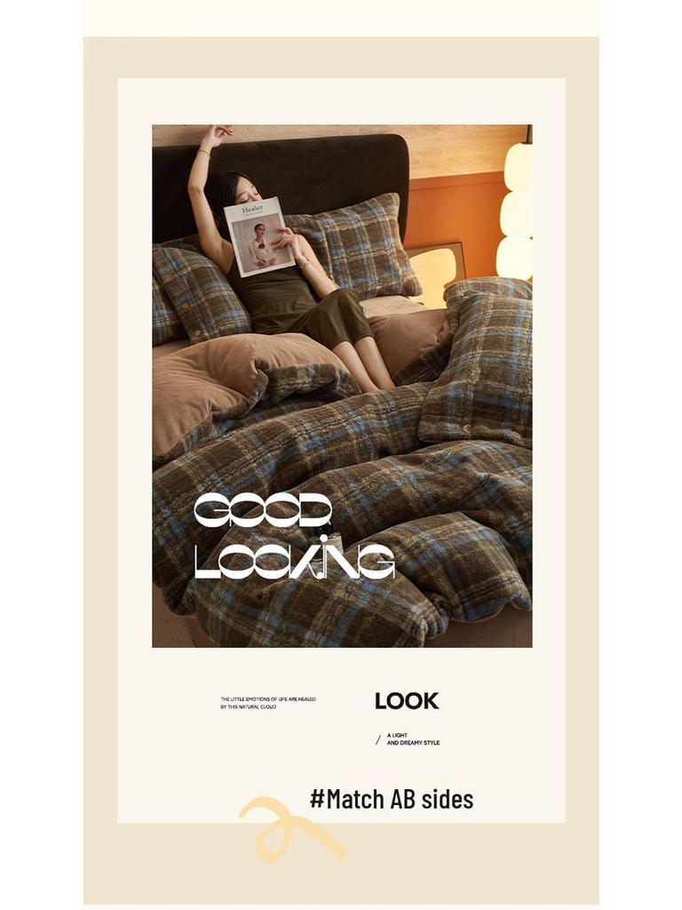 Class A Winter Thickened Milk Velvet 4-Piece Bedding Set: Double-Sided Fleece Duvet Cover, Coral Fleece, Mother and Baby Grade, Warm and Cozy