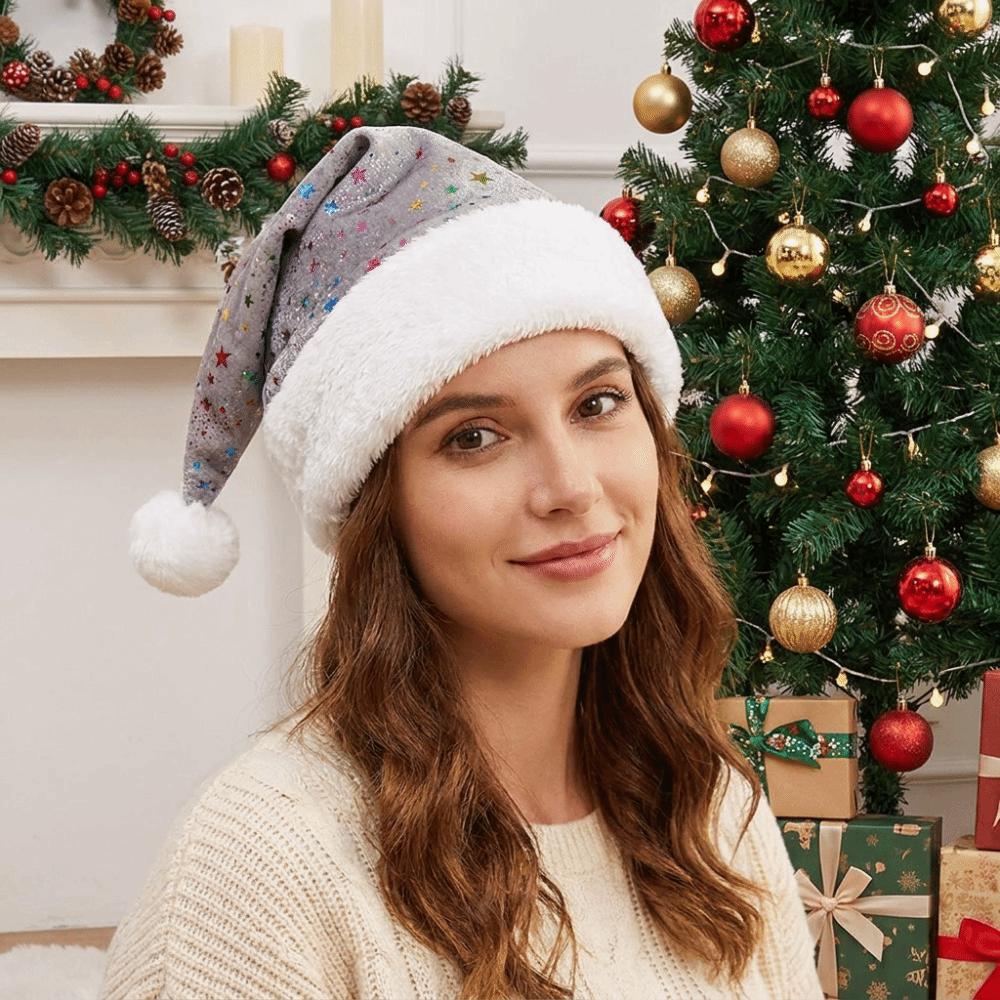 Fluffy Santa Hat Star Pattern Plush Hat Fashion Christmas Hat Holiday