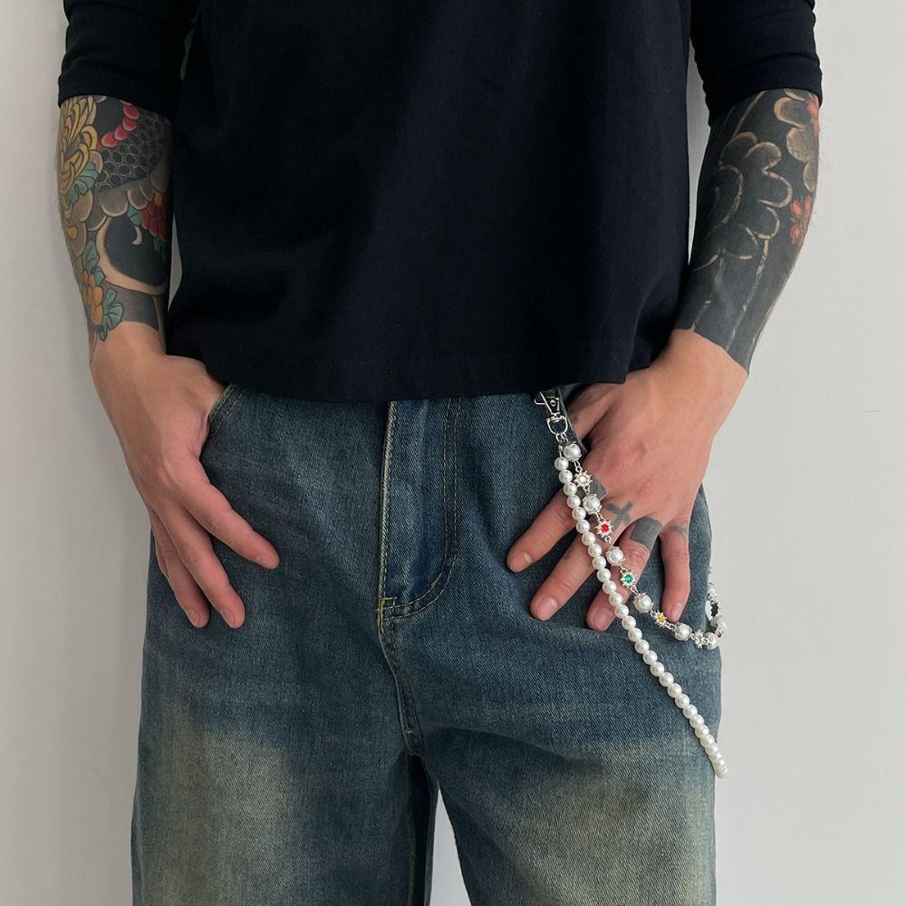 Gothic Punk Belt Chain Zinc Zinc Zinc Alloy Tassel Jeans Chain Goth Pearl Waist Chain  Male