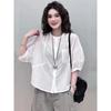 Designed Splicing Round Neck Short-sleeved Shirt for Women New Style Loose Top Cardigan