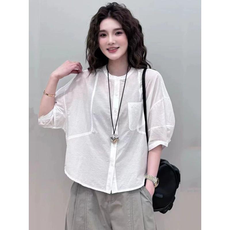 Designed Splicing Round Neck Short-sleeved Shirt for Women New Style Loose Top Cardigan