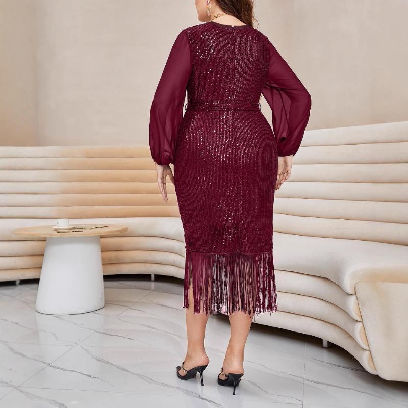 Plus Size Round Neck Vintage Sequins Tassel Women Long Sleeve Evening Bridesmaid Dress