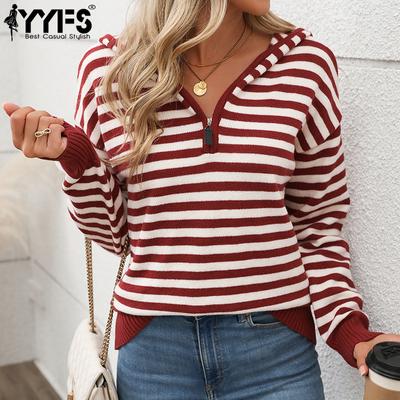 Maglioni da donna alla moda casual autunno inverno con stampa a righe e maniche lunghe con cappuccio