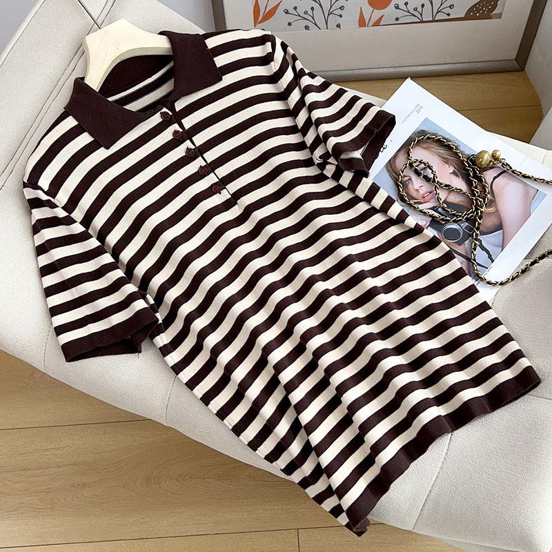 

Поло в полоску из гребенного хлопка, с коротким рукавом, летняя новинка, свободная и универсальная, приталенная, контрастная вязаная футболка-топ XXL