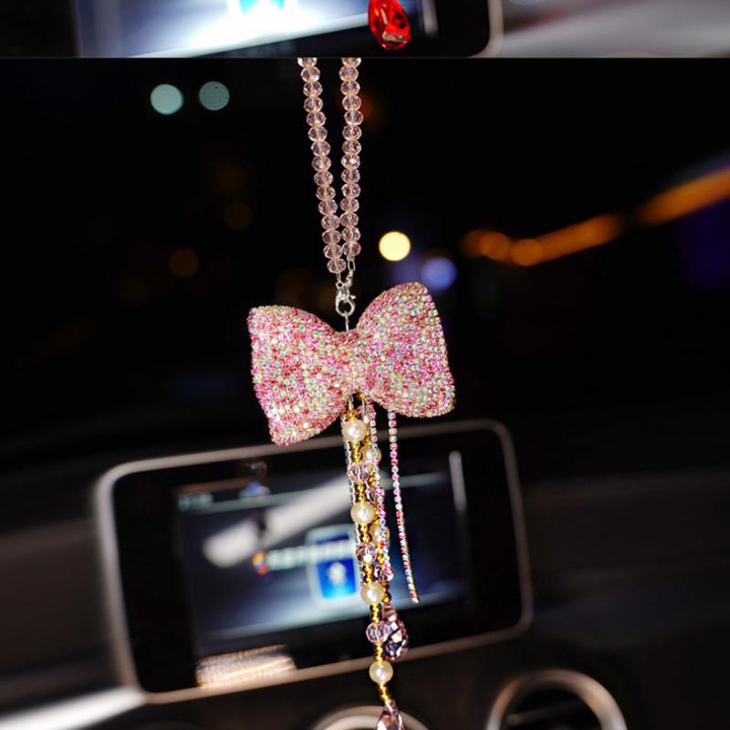 Bowknot Car Pendant Cute Tassels Chain Rearview Mirror Ornament Pearl Car Accessories