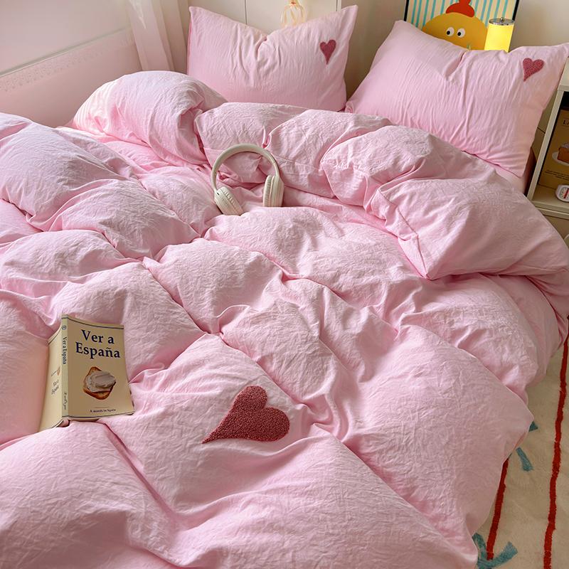 Cute Blue Heart Bedding Set Ins Nordic Embroidery Bed Sheet Set Of Four Pieces Home Luxury Duvet Cover Set For Girls
