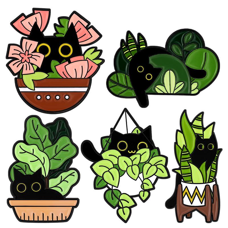 Cute Cat 4-6pcs/Set Enamel Pins Black Fluid Cat Brooches Lapel Badge Punk Animal Jewelry Gift for Friends