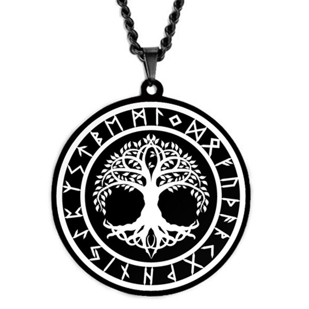 Viking Mythology Yggdrasil Tree of Life Rune Circle Stainless Steel Pendant Necklace