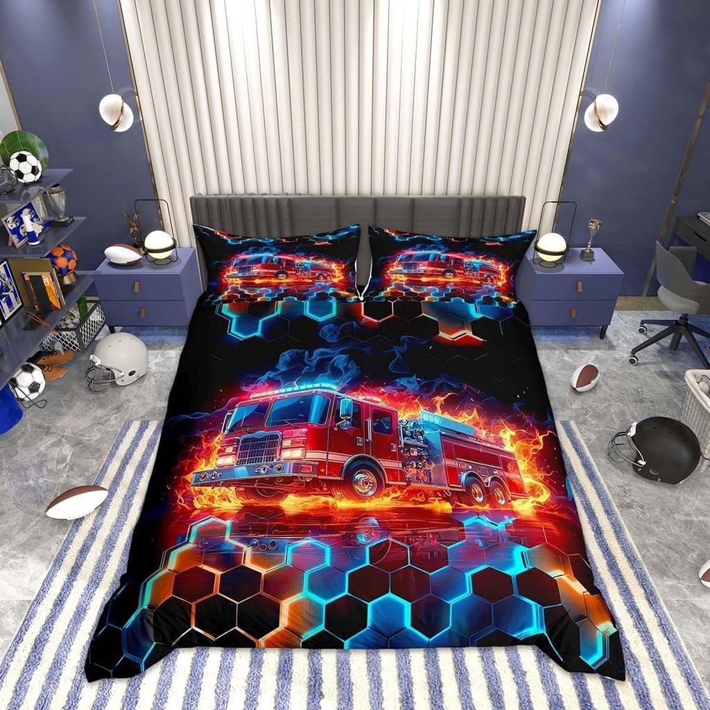 Children'S Fire Truck Bedding Set Single Police Car Truck Bedding Motorcycle And Airplane Bedding Set For Boys And Teenagers