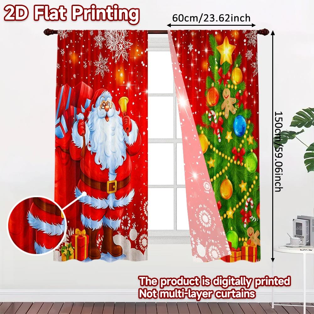 2pcs, 2D FLAT PRINTING Curtains (Without Rod) Santa Tree Bliss Chic Print Curtains Festival Polyester Curtains Decorations