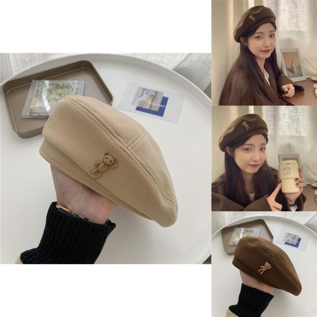 Cozy Brown Wool Beret Artist Hat For Winter Women Men With Cute Bear Design
