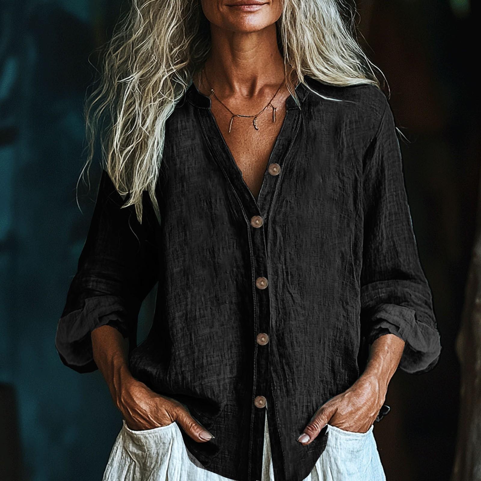 

Женская модная и повседневная однотонная рубашка с длинным рукавом из хлопка и льна XL чёрный