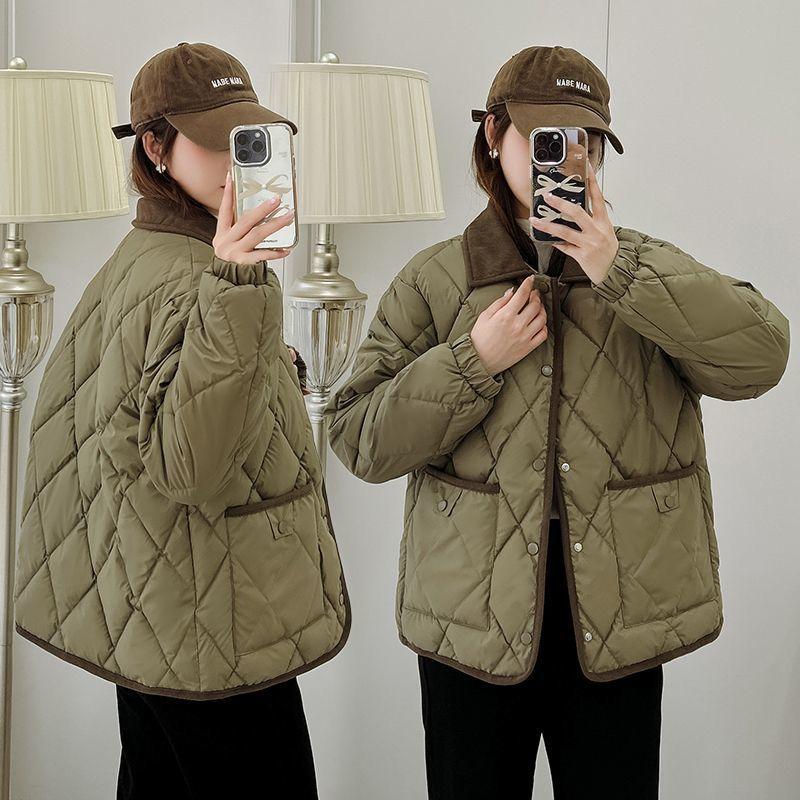 Xiaoxiangfeng rhombus down cotton clothes 2025 new leave-in foreign style loose contrasting color versatile short autumn and winter coat