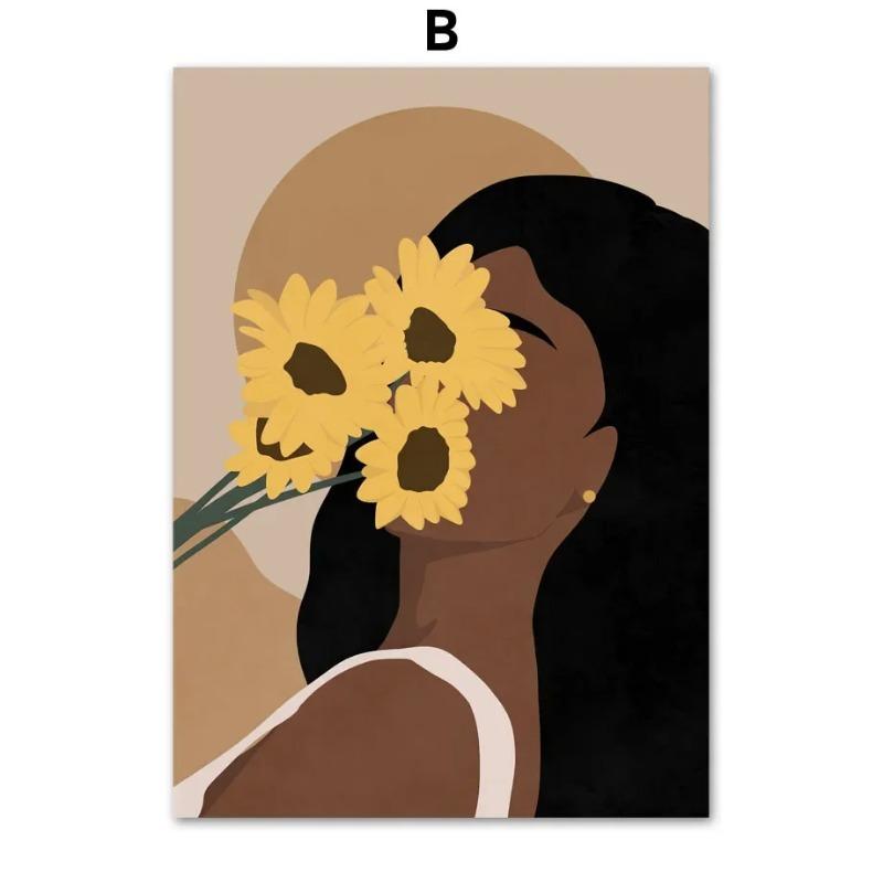 Elegant Black Girl Sunflower Canvas Art  Abstract Wall Decor for Living Room  Bedroom HD Print Poster with Plant Hat  Skirt Desi