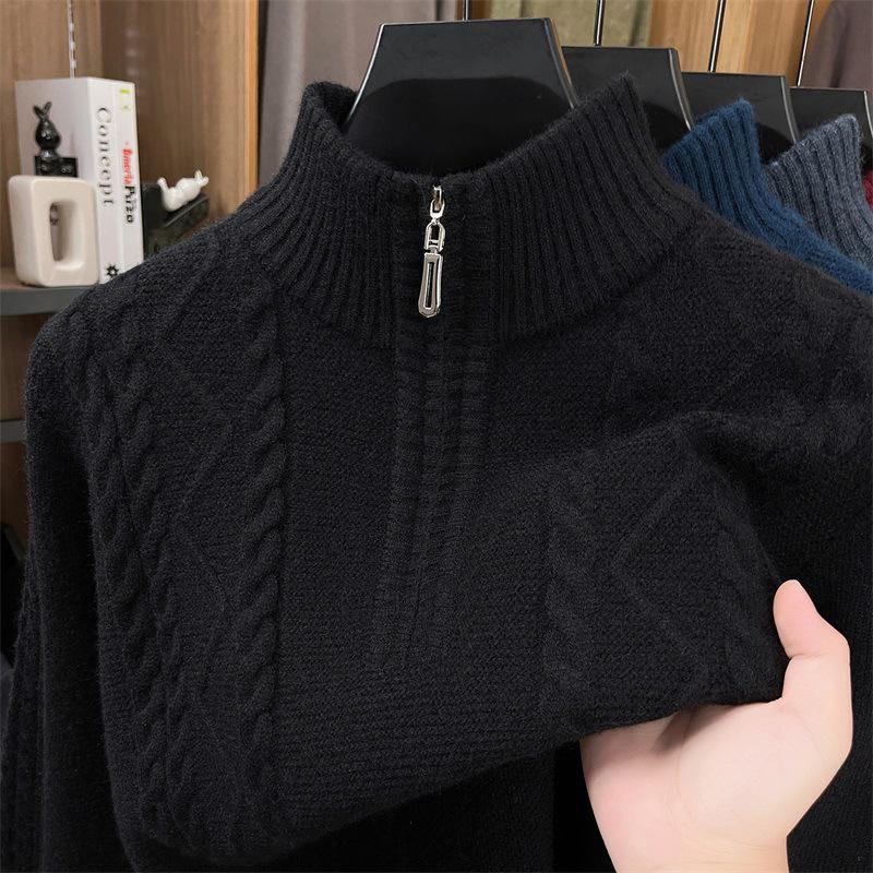 Herren Winter dicker Strick Pullover mit halbem Reißverschluss und Stehkragen
