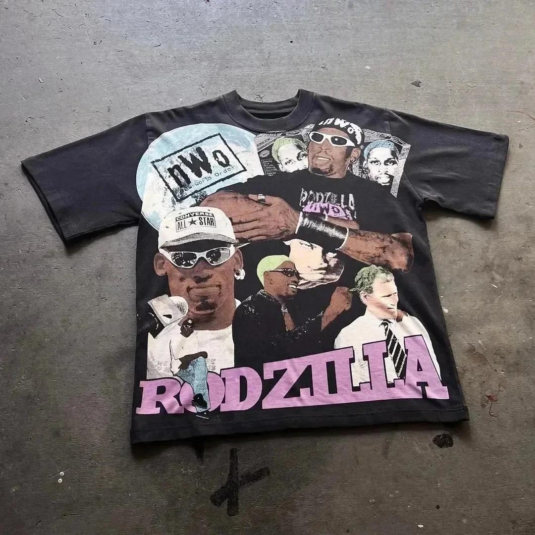 Mens Dennis Rodman Rodzilla Graphic T Shirt Y2K Vintage Streetwear Tee S-4XL 3XL