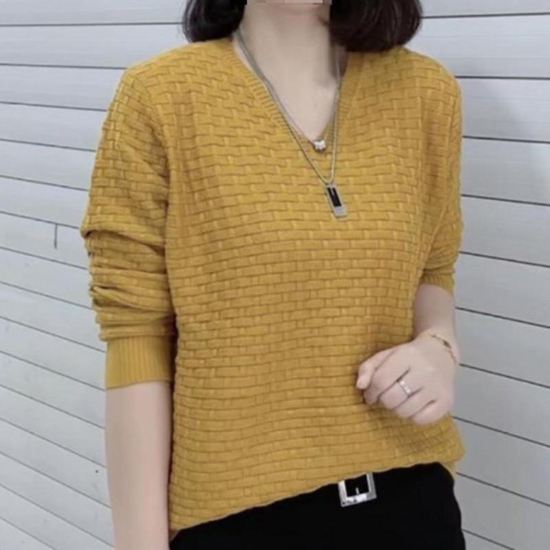 

Autumn/Winter Women s Long Sleeve V-neck Sweater Solid Color Loose Knitted Base Sweater S жёлтый