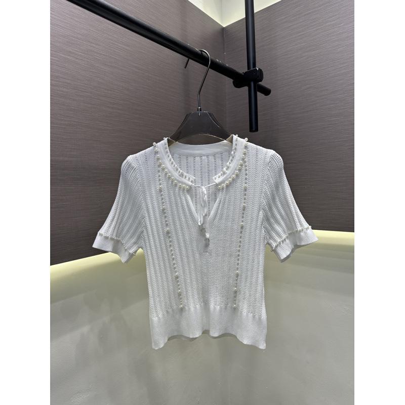 2026 Summer Strappy Knit Short Sleeve Beaded Slimming Top